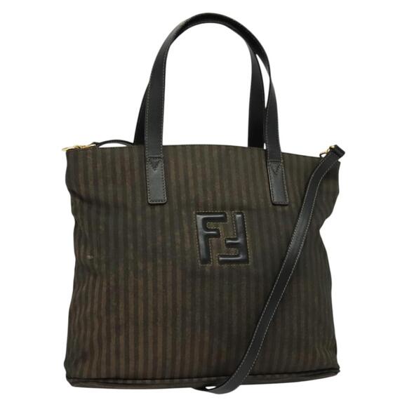 FENDI Pecan Canvas Tote Bag Pvc Black Brown Gold - Picture 1 of 12